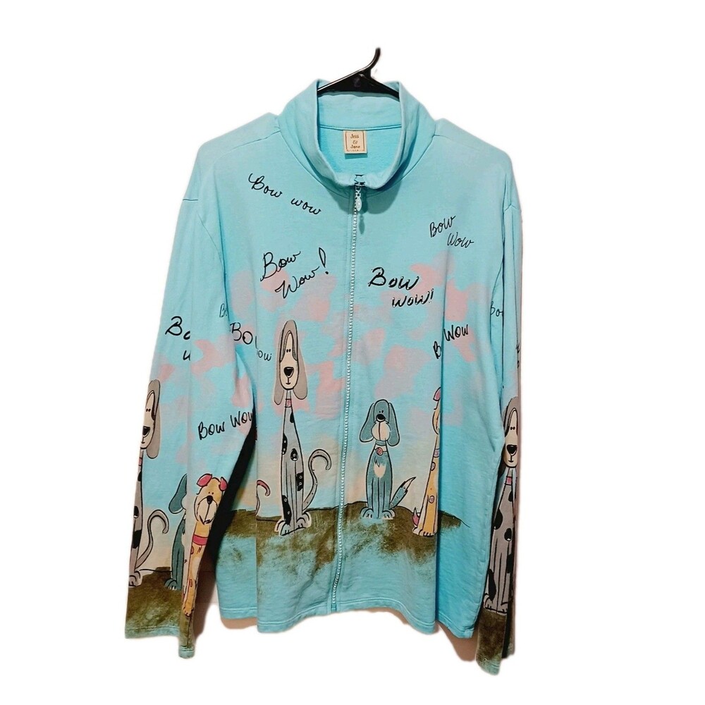 Jess & Jane Puppy Dog Bow Wow Rhinestones Bling Blue Zip Up Jacket Large